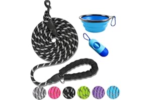 DOYOO Dog Leash 10FT Thick Durable Nylon Dog Rope - Comfortable Padded Handle Reflective Rope Dog Leash for Medium Large Dogs with Collapsible Pet Bowl and Garbage Bags (Reflective10 FT -Black)