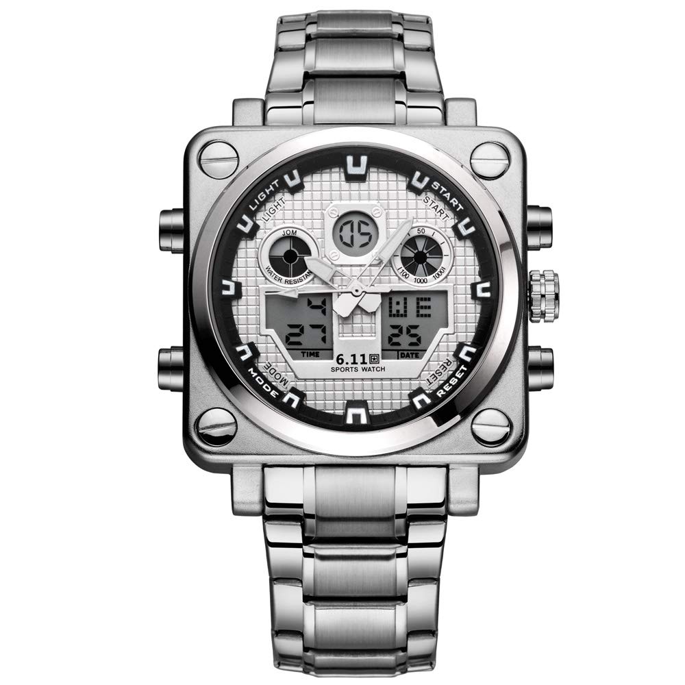 Sailine multifunzione uomo Soprt orologio doppio movimento 2 fuso orario con cinturino in acciaio INOX marca 30 m impermeabile (silver)