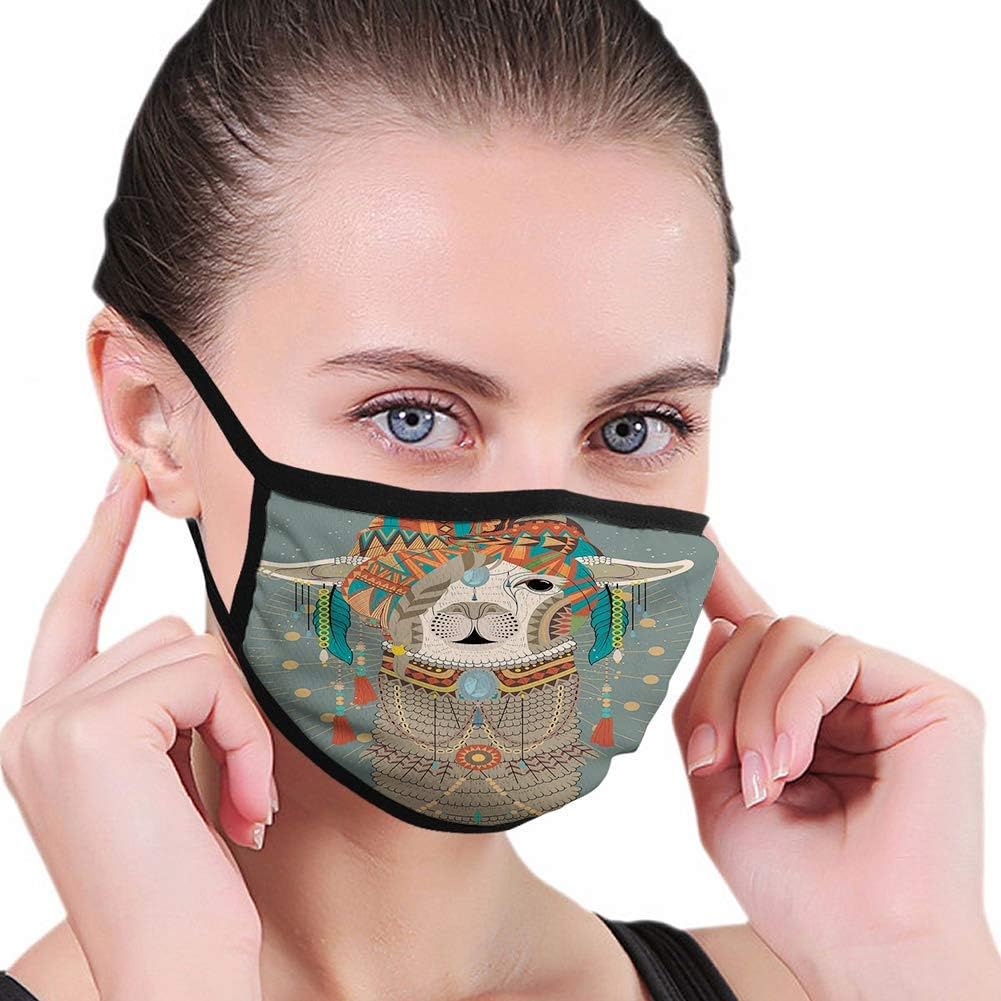 Mouth mask,Llama, Colorful Headwear Wearing Llama with Accessories Earrings Necklace Abstract Animal, Gray Green