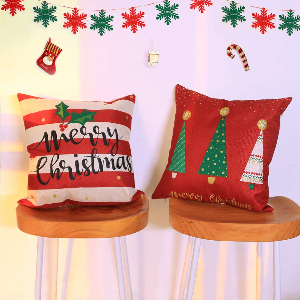 LoveHome Decor Merry Christmas Series Throw Pillow Covers,Winter Holiday Merry Christmas and Christmas Tree Farmhouse Decorations Cotton Linen Pillow Covers Set of 4,18 X 18 inch