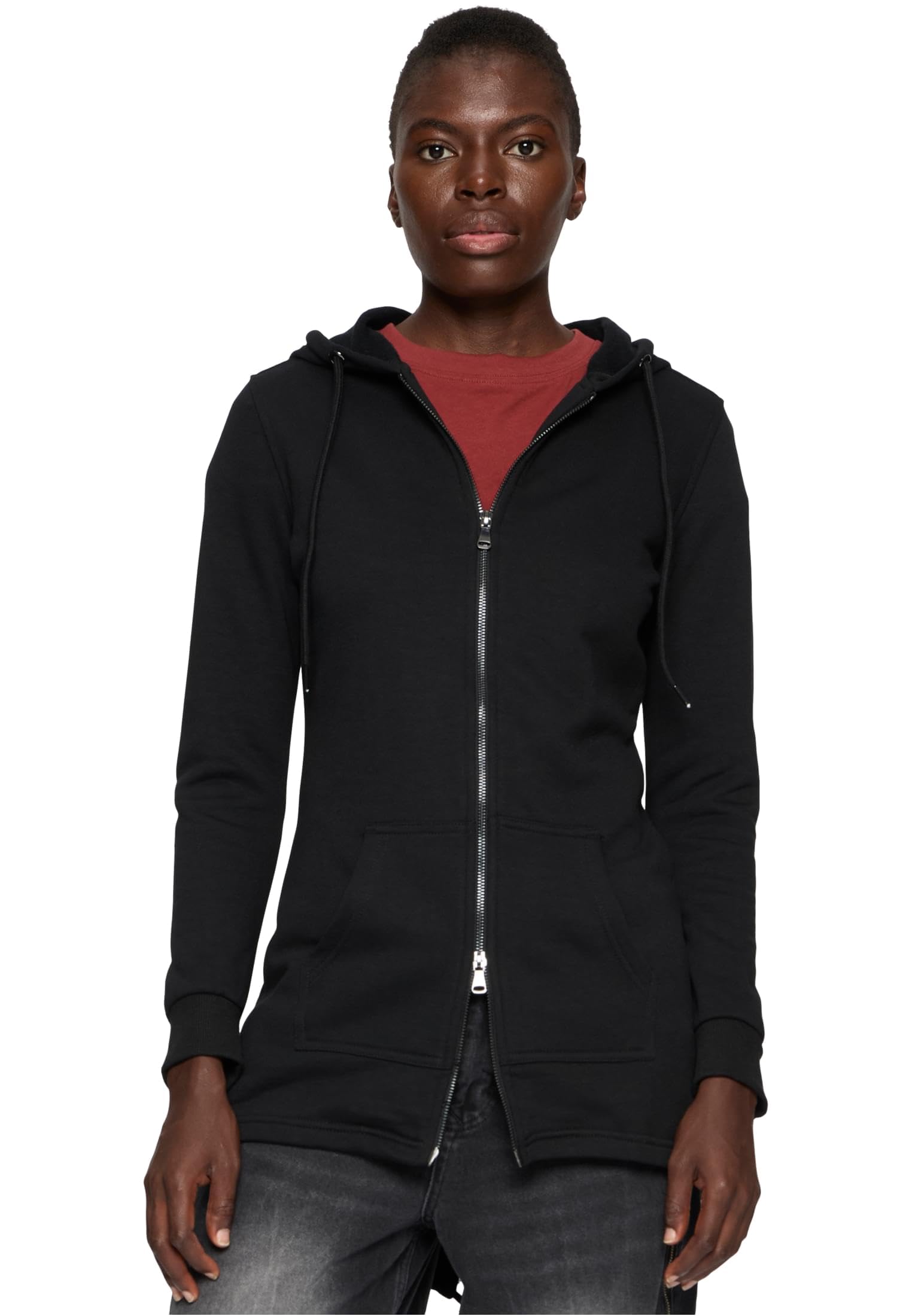 URBAN CLASSICS Women's Long Hoodie Parka, Long Jumper with Drawstring Zip, Long Sleeves Jumper with Large Pockets & Elasticated Cuffs, Long Cardigan with Hoodie, Colour: Black, Size: Large
