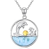Reaii Natural Larimar Dolphin Necklace for Women 925 Sterling Silver Dolphin Pendant Necklaces Larimar Beach Jewelry Gifts for Mom Wife