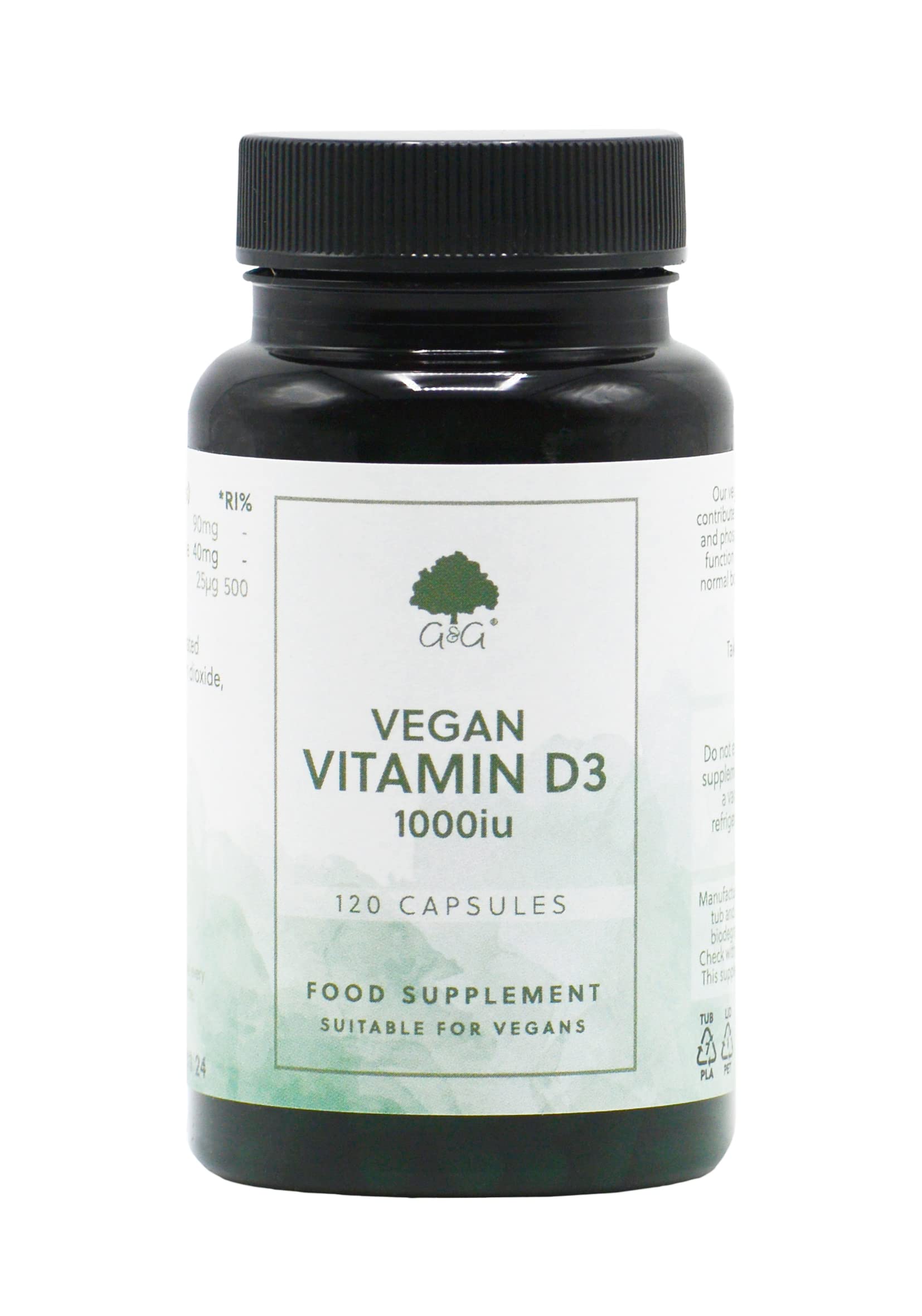 Vegan Vitamin D3 1000iu Capsules - Plant-Based from Natural Lichen - 120 Vegan Capsules - Non-GMO, Made in The UK by G&G Vitamins