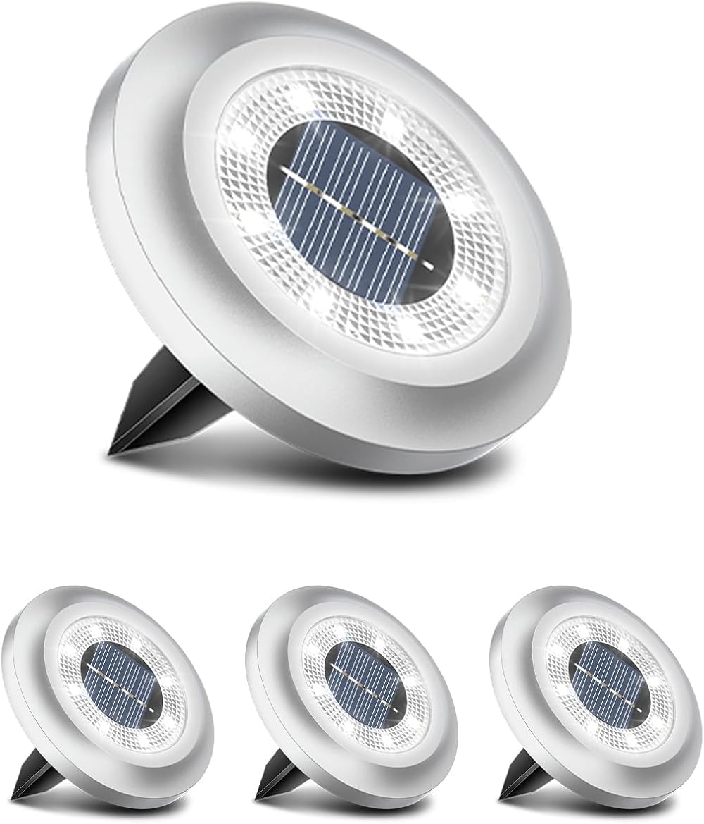 Torchtree 2023 Solar Ground Lights 4 Pack Bright White Disk Pathway Decking Lawn