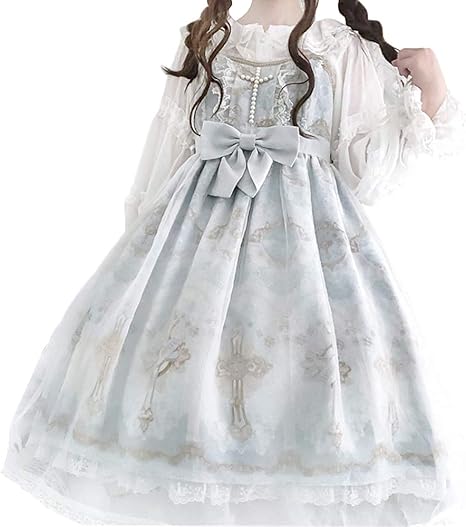 Amazon ゴスロリ ゴシック ロリータ ワンピース コスプレ 黒いロリータ 森ガール 女の子 ゆめかわいい ジャンパースカート 十字架 フリル リボン Cosplay Lolita 学園祭 文化祭 イベント デート 黒 水色 紫 ブルー フリー コスプレ 仮装 通販