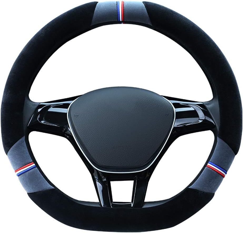 GAOQQ Plush Steering Wheel Cover, D-Type Car Special Five-Color Series to Send Gear Set + Hand Brake Cover,Grey-38CM