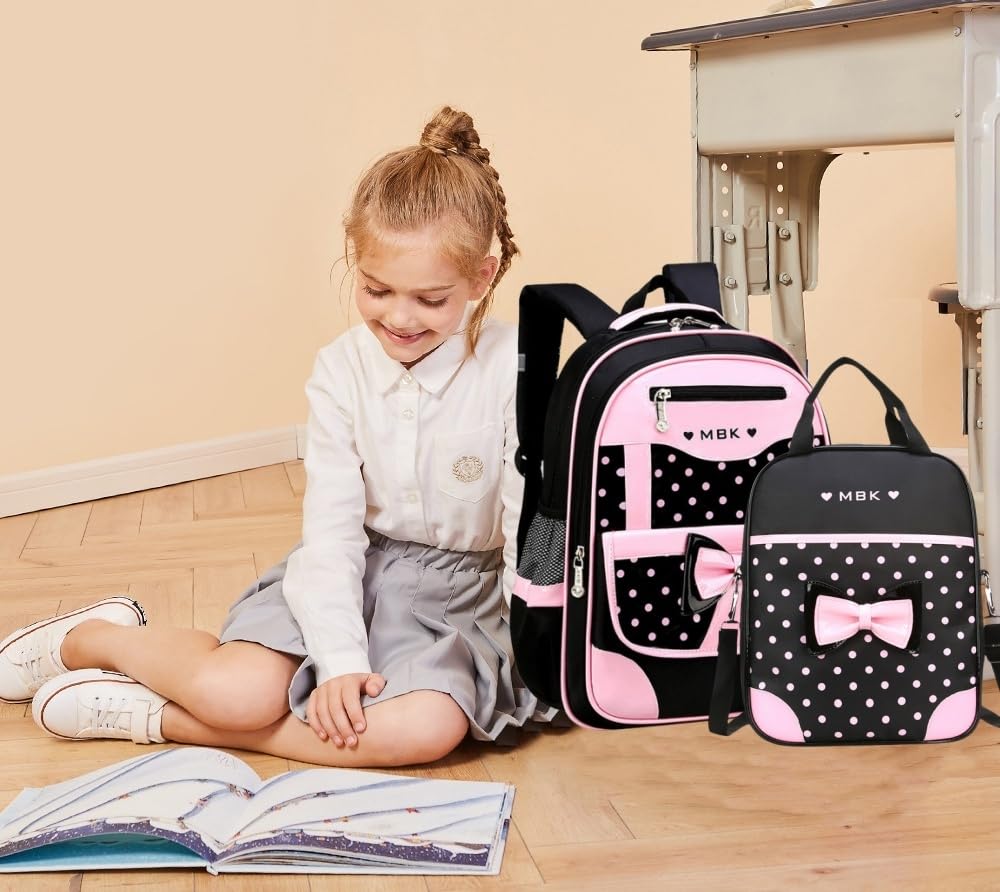 VIDOSCLA School Bags for Girls,2Pcs Bowknot Students Backpack,Elementary Princess Bookbag Sets for School