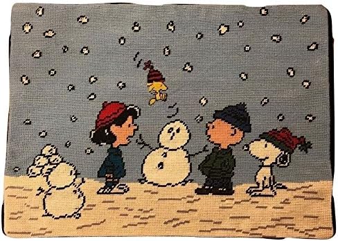 Peanuts Snoopy Charlie Brown Lucy Woodstock Snowman Handcrafted Needlepoint Christmas Throw Pillow Cover - 16 x 11.5 Inch Rectangle