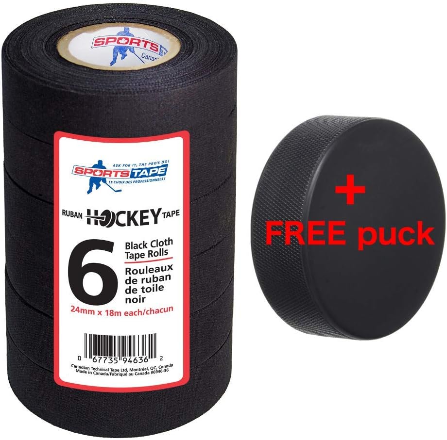 Sportstape 6 Rolls 24mm Black Cloth Stick Ice Hockey Tape with Free Puck