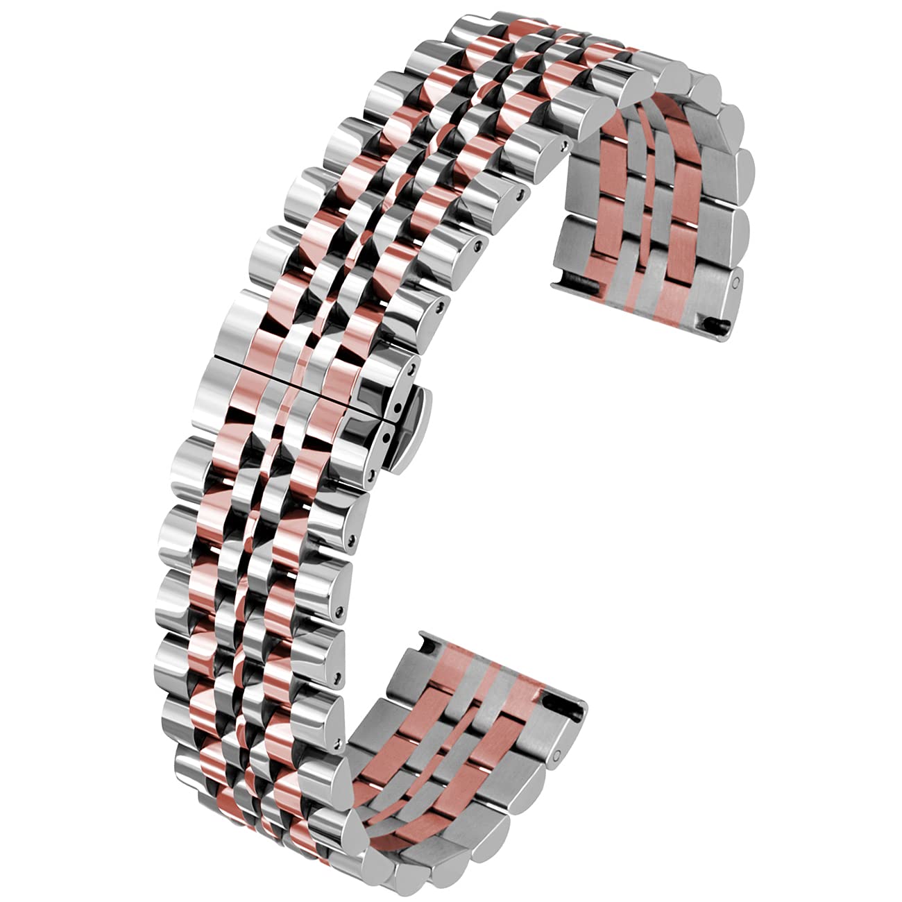 Kai Tian 5 Colors for Flexible Watch Strap Polished 7 Rows 20mm 22mm Stainless Steel Watch Band Quick Release Metal Watch Bracelet Deployment Clasp (20mm, Silver+IP Rose Gold)