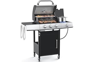Zvivofla 3-Burner Propane Grills with Side Burner, BBQ Gas Grill with Cast Iron Grates and Griddle, Garden Barbecue Grill for Backyard, Camping, Patio, 27,500 BTU