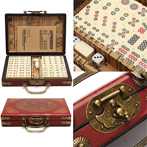 Bestmemories 144 PCS Travel Mahjong Portable Mah-jongg with Archaistic Leather Box and Manual in English for Home Party Gaming (Random Pattern of Box Delivery)
