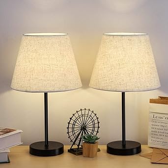 Bedside Table Lamp Small Desk Nightstand Lamps With Linen Fabric Shades Metal Frame For Bedroom Living Room Office Set Of 2 Amazon Co Uk Lighting