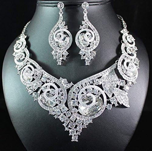 Ornate Clear Austrian Rhinestone Bib Statement Necklace Earring Set Bridal N1669