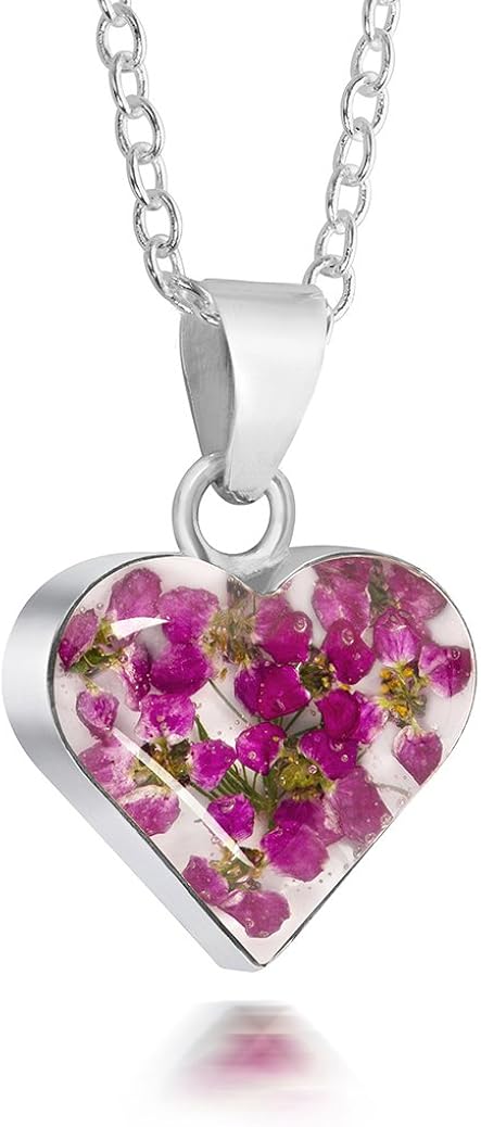 Natural Flower Jewellery Sterling Silver Small Heart Pendant Made With Real wild Pink Flowers …