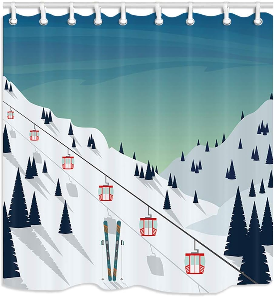 Amazon Com Pauseboll Winter Landscape Decor Ski Resort Snow Mountain Landscape Ski Lifts Shower Curtain Bathroom With Hooks Waterproof Polyester Curtain Home Kitchen