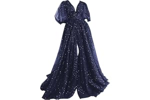 Clothfun Women's Sparkle Starry Tulle Puffy Sleeve Prom Dresses Long Plus Size Formal Evening Gowns with Slit