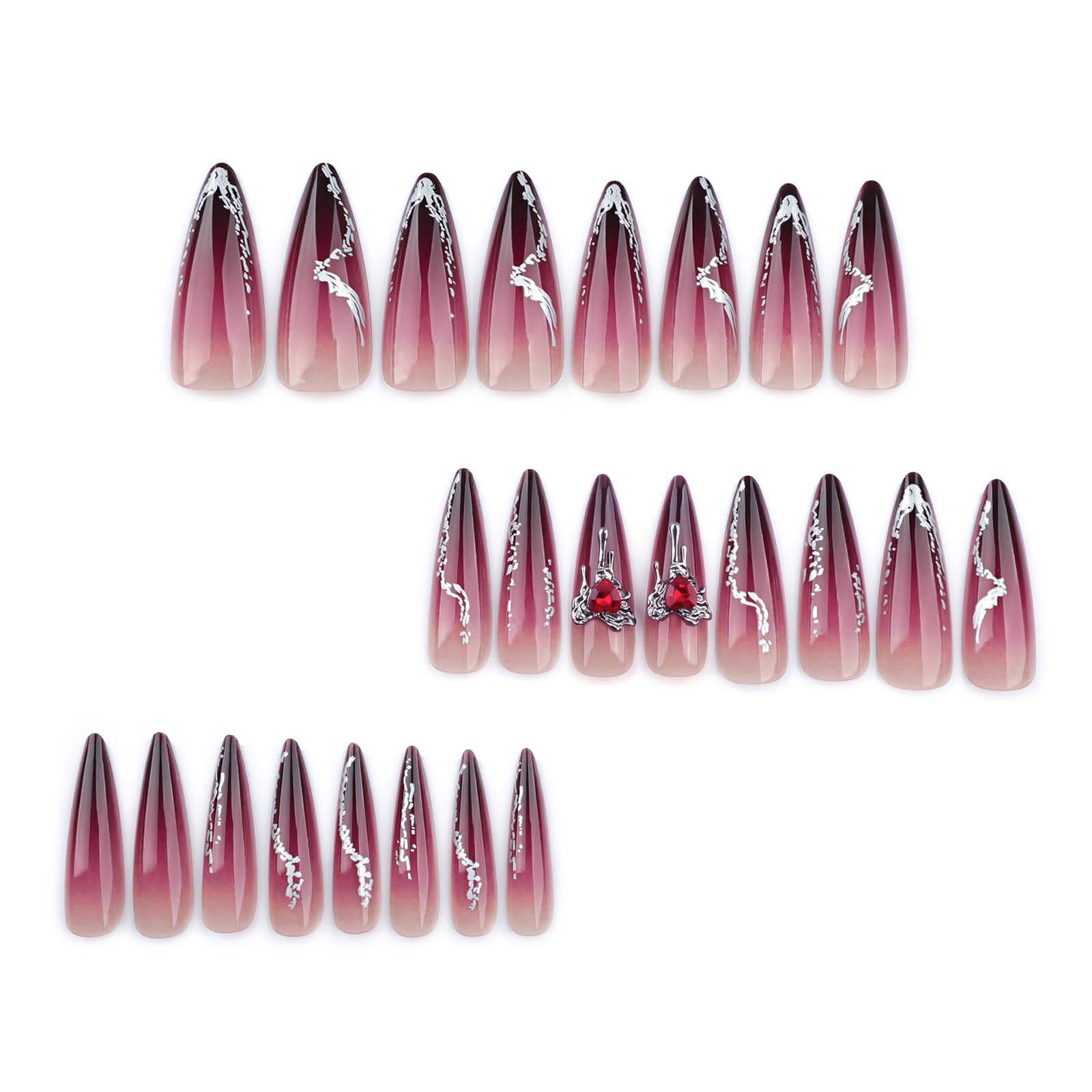 24 Pcs Dark Red Press on Nails Long Almond Fake Nails with Glitter Rhinestones Design Reusable False Nails Kit Acrylic Nails Press ons Artificial Stiletto Nails Full Cover Stick on Nails for Women - Image 4