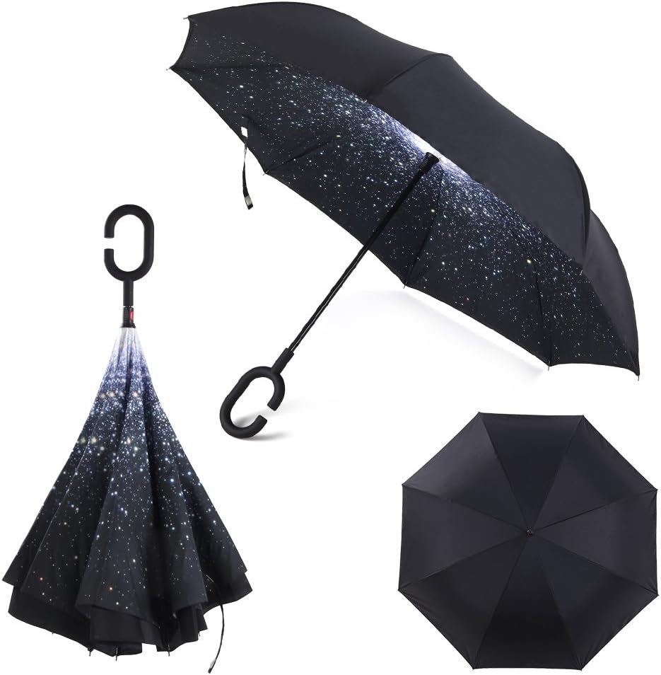 HomeyHomes Windproof Inverted Umbrella for Cars with Double Layer Reverse Opening Design, UV Protection and C-Type Handle | Best for Shopping and Travel (Multi Colors)