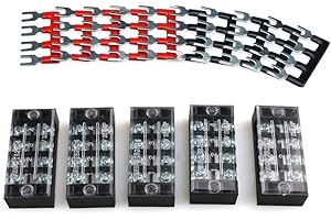 URBEST 5Pcs Terminal Block 4 Position Dual Row Screw Covered Strip 600V 25A with 400V 25A 4 Position Pre Insulated Terminal Barrier Strip Red/Black 10Pcs