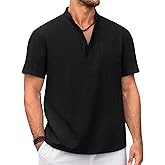 Beotyshow Men 100% Cotton Linen Henley Shirt Casual Short Sleeve Summer T Shirt Pocket Button Tee Top Beach Hippie Shirt