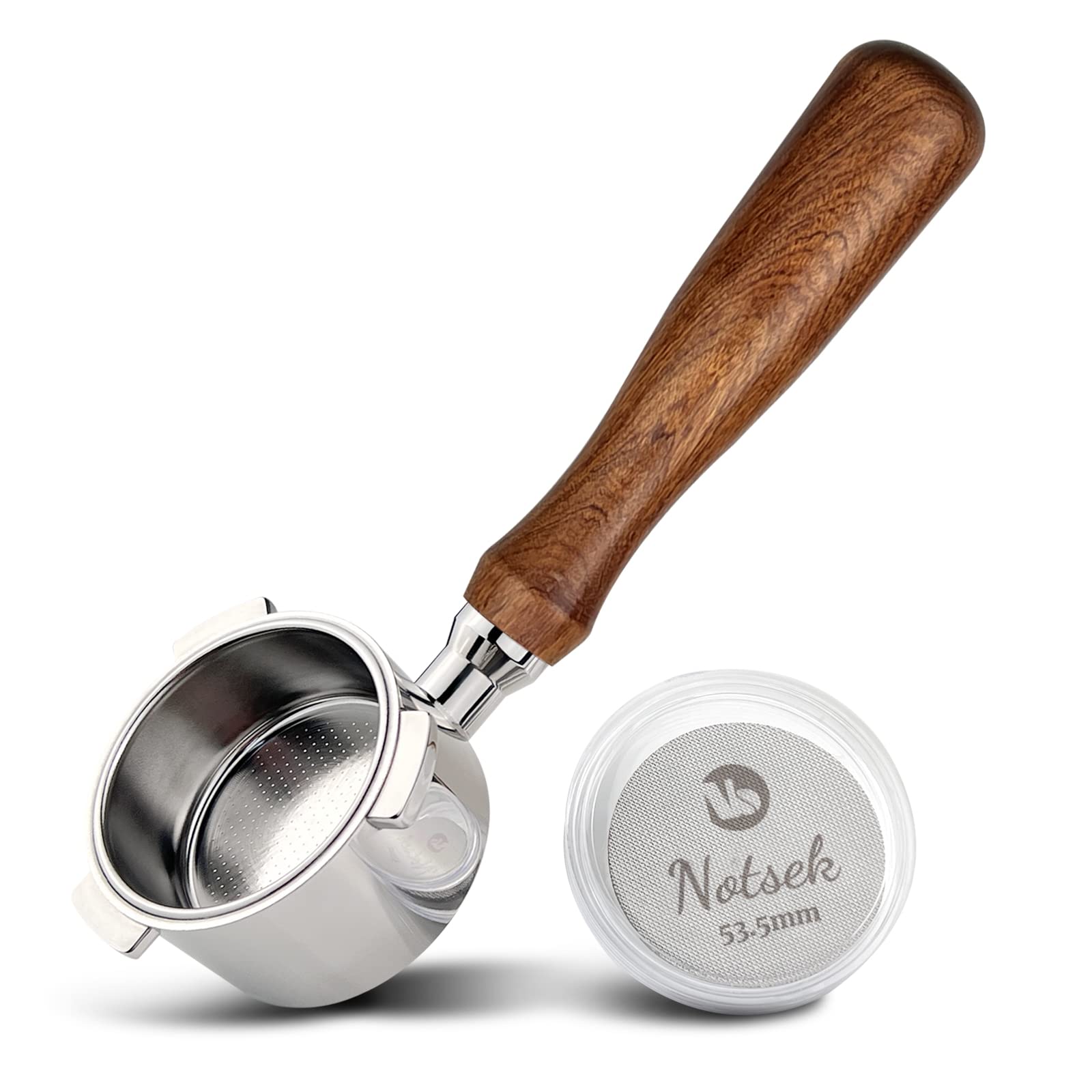 NOTSEK 54mm Bottomless Portafilter with Puck Screen for Sage Breville 8 Series, Stainless Steel Filter Basket, Solid Wood Handle