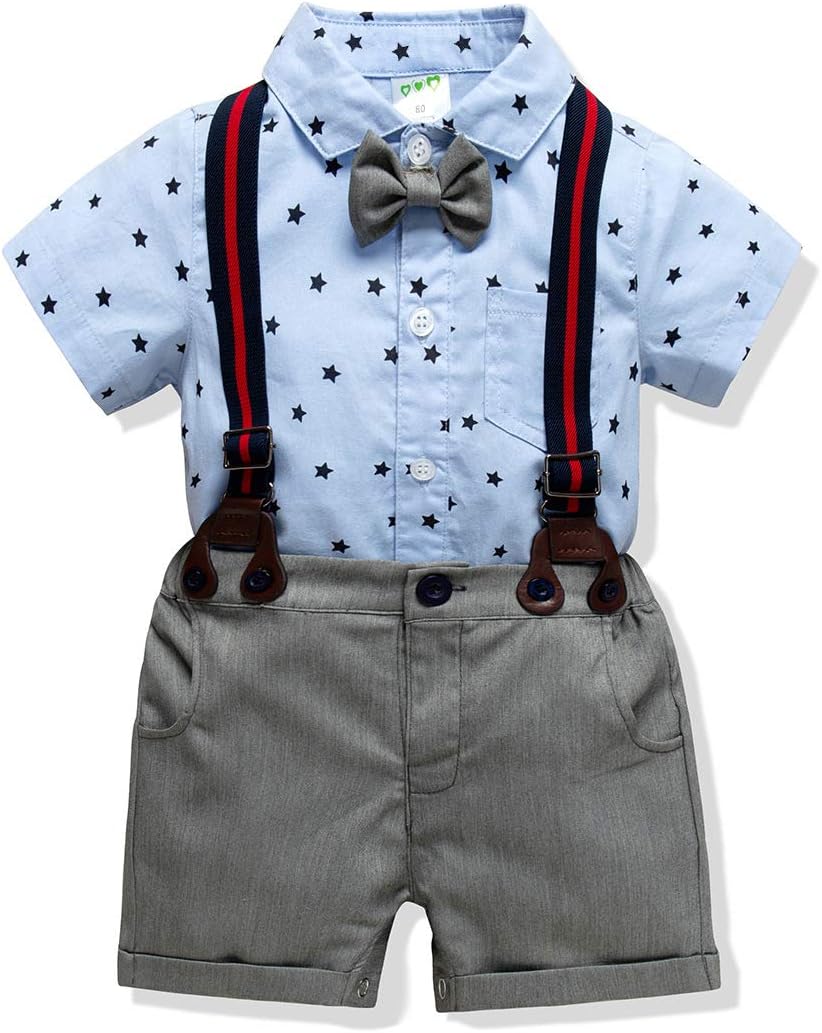 Baby Boys Formal Outfit Infant Boys Gentleman Clothes Toddler Suit Set Short Sleeve Romper Shirt+Pants+Bow Tie+Suspender 4pcs