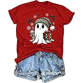 TIXOM Women's Christmas Ghost Shirt Funny Xmas Santa Hat Graphic Short Sleeve Tee Winter Holiday Family Party Matching Tops