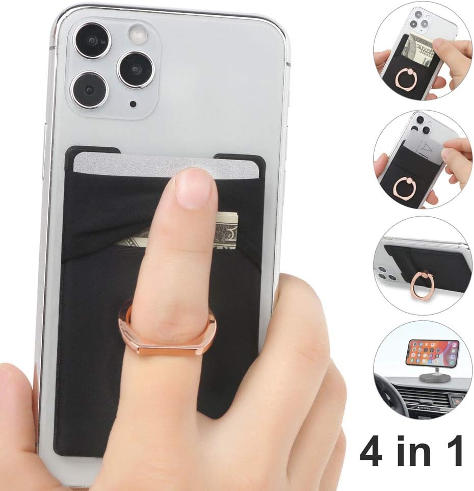 New 4-in-1 Cell Phone Wallet-Stick On Spandex Ring Card Holder Sleeve Back-Double-Pocket+Magnetic+Finger Grip Strap Loop+Kickstand,Most of Smartphones