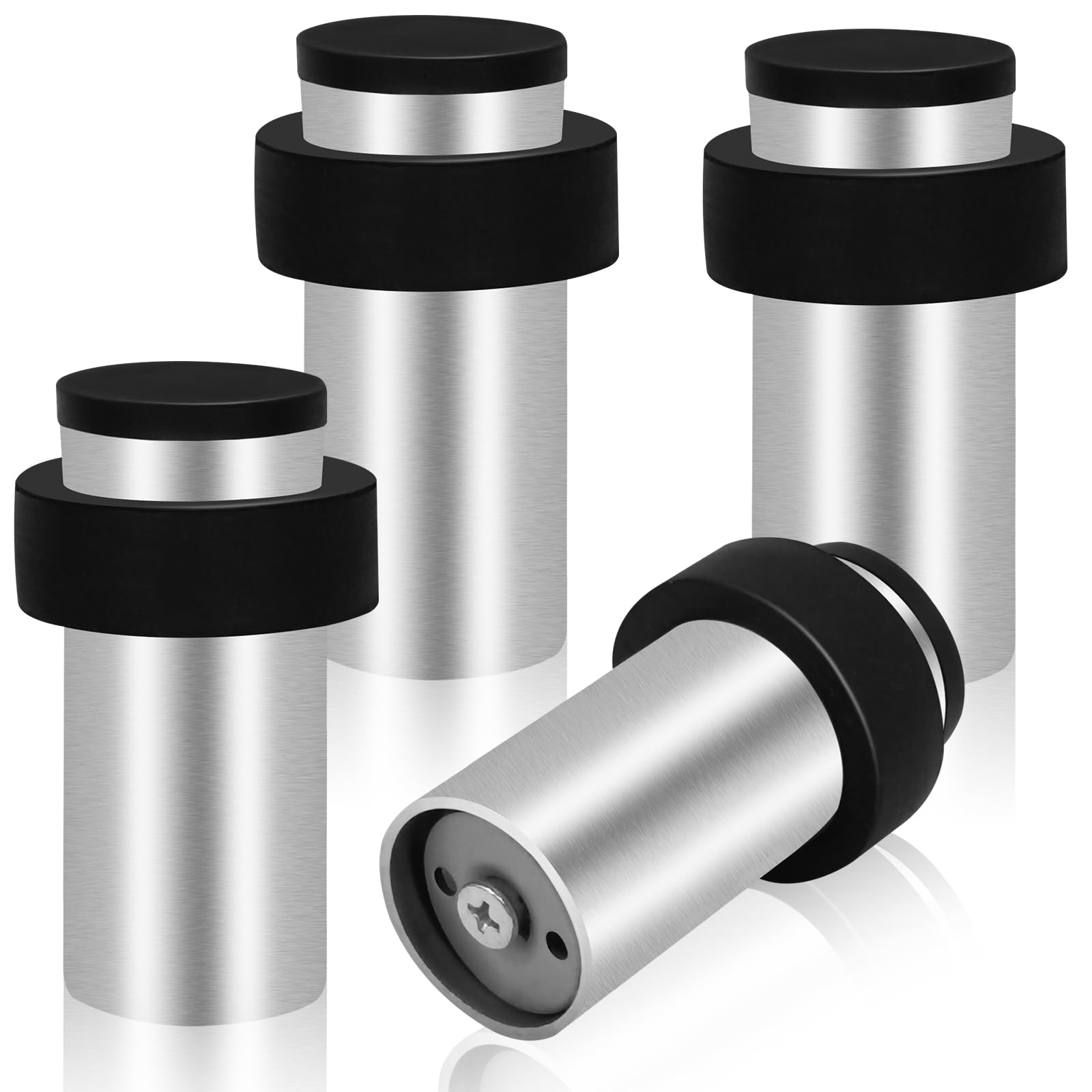 Door Stopper, Floor Mounted Door Stop, 105mm Polished Stainless Steel Door Stoppers for Wall, Heavy Duty Doorstop with Rubber Bumper for Indoors Outdoors, Silver (4 Pack