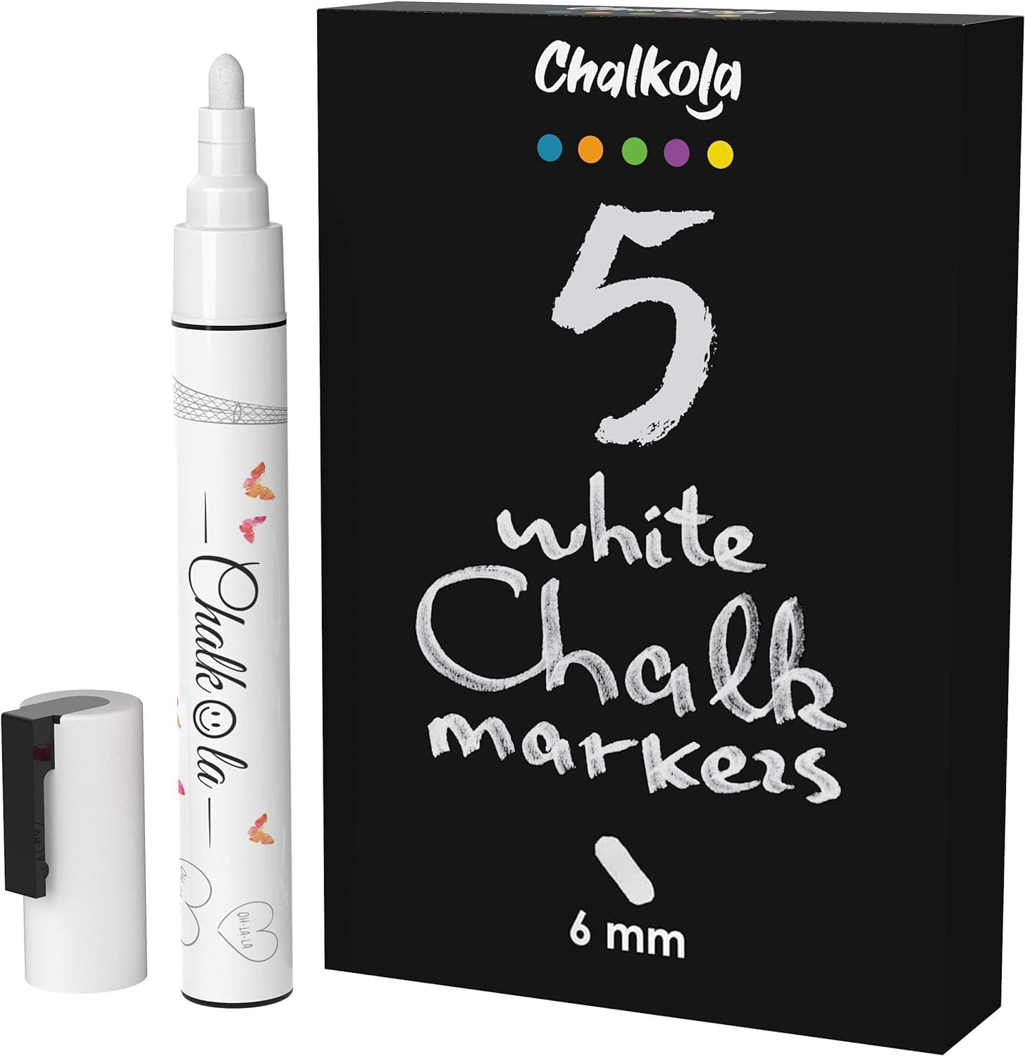 White Chalk Pens - White Dry Erase Chalk Pens for Chalkboard Signs, Windows, Blackboard, Glass, Bistro | 6mm Reversible Tip (5 Pack)