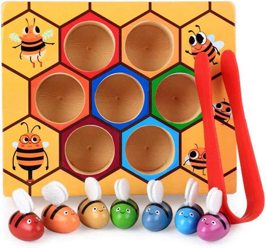 VOLBABY Learning Toys for Kids,Bee Picking Toy,Wooden Lovely Bee Picking Toy Catching Practices for Baby Early Educational Toddler Montessori Game Colorful Beehive Box (9pcs)