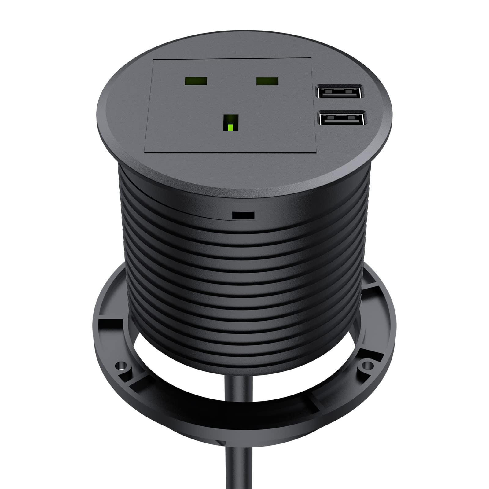 Desk Socket with USB, Haylink Desk Grommet 80mm Cut-Out Hole Cover with 1 UK Plug, Power Socket Grommet Connect 6.56ft Extension Cord(Black)