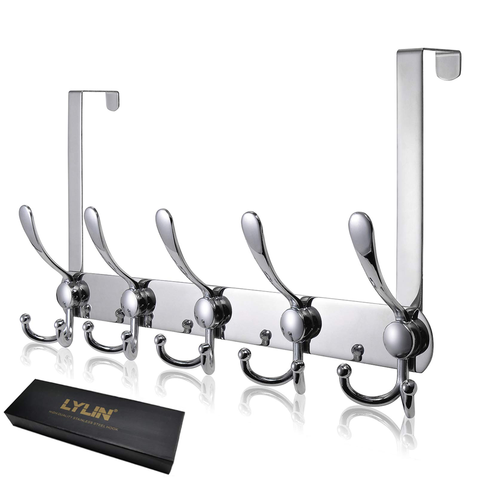 LYLIN Over the Door Hook Hanger, Stainless Steel Hangers for Door with 15 Hooks, Heavy Duty Storage Rack Wall Hanger for Coat, Clothes Towe Bag Robe (Silver, Doors Thickness 4.5 cm)