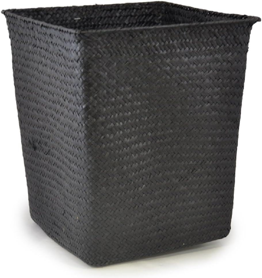Small Branded Square Woven Seagrass Waste-Trash-Garbage-Can-Bin Basket Storage Can Kitchen-Bath-Room-Home-Office Wood Color-ME2980B Black 10in