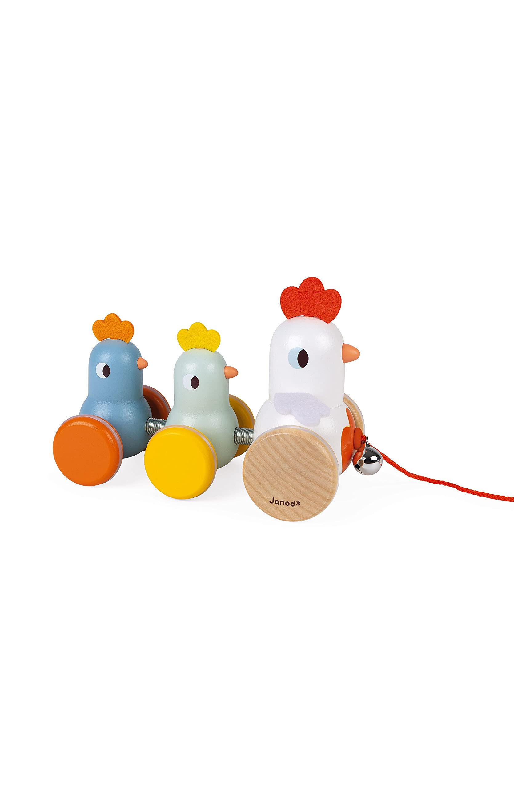 Janod - Wooden Pull Along Hen and Chicks - Pull Along Toy - Early Learning and Early Years Toys - Silent Wheels - Learning Motor Skills and Imagination - Fsc Certified - from 18 Months, J08259