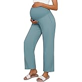 Huukeay Women's Cotton Linen Blend Maternity Pants, High Waisted Lounge Pregnancy Pants Over The Belly Trousers with Pockets
