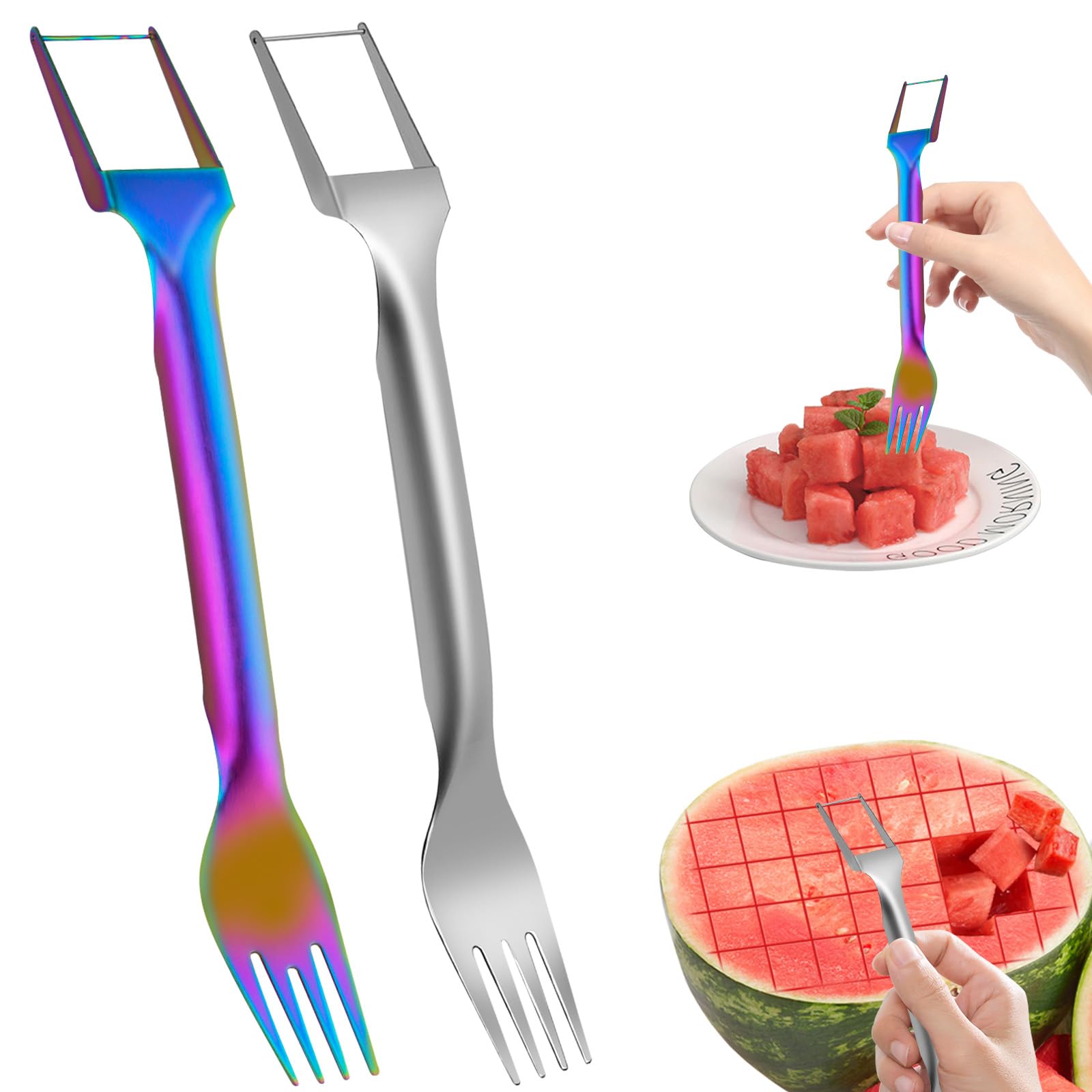 2Pcs Watermelon Fork Slicer Cutter, Stainless Steel Fruit Cutter Portable Watermelon Cutter Slicer Tool 2-in-1 Fruit Cutter, Suitable for Family Parties Stainless Watermelon Slicer Melon Cutter