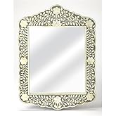 Beaumont Lane Bohemian Bone Inlay Wall Mirror, Gray Finish, Mango Wood and MDF Frame, 20 x 28 in, Artisan Design, Botanic Pat