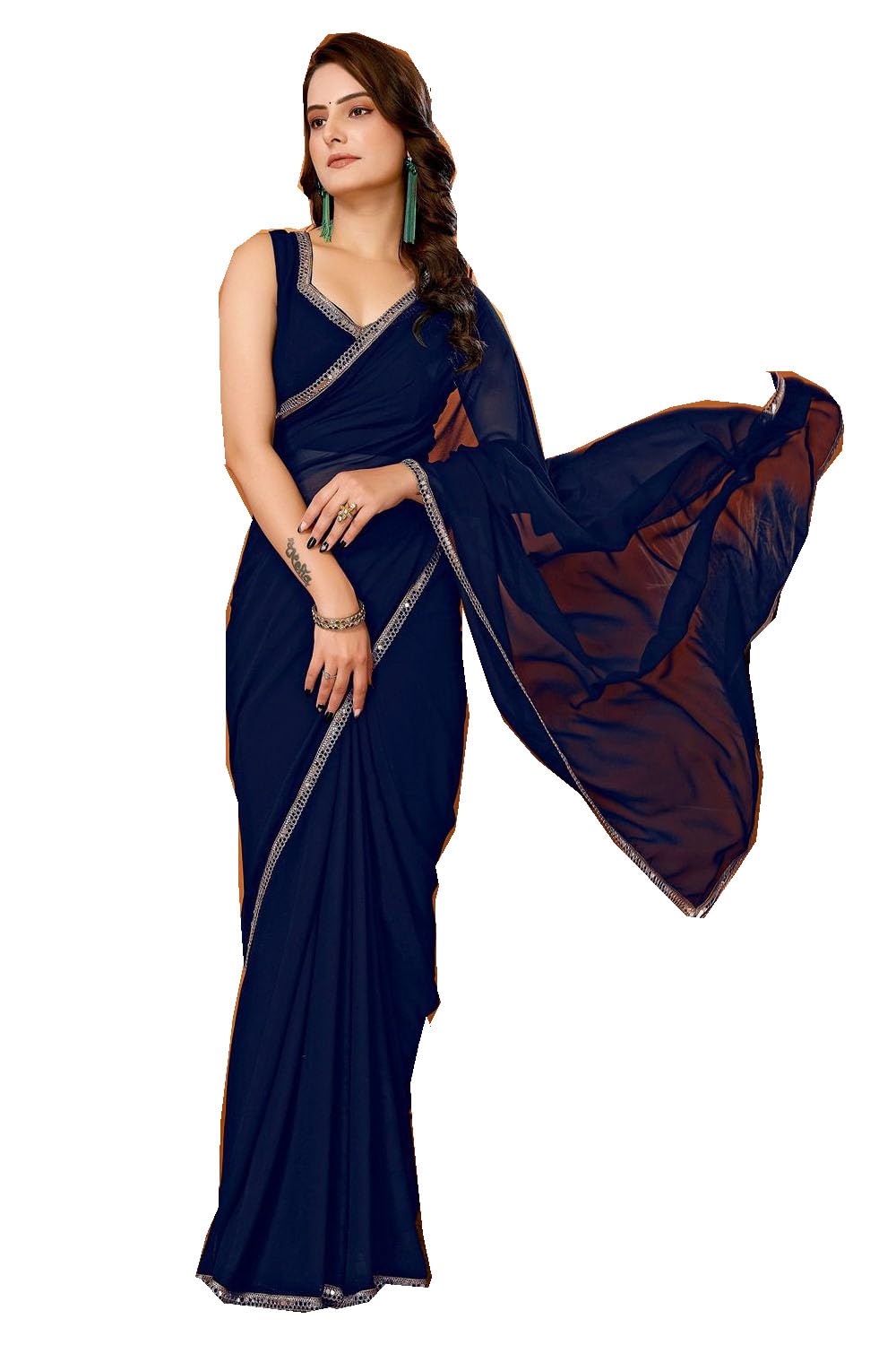 Photo 1 of *DAMAGED** Saree for Women Georgette Printed Foli Work With Small Lace Saree & Unstitched Blouse Piece (Blue 2)