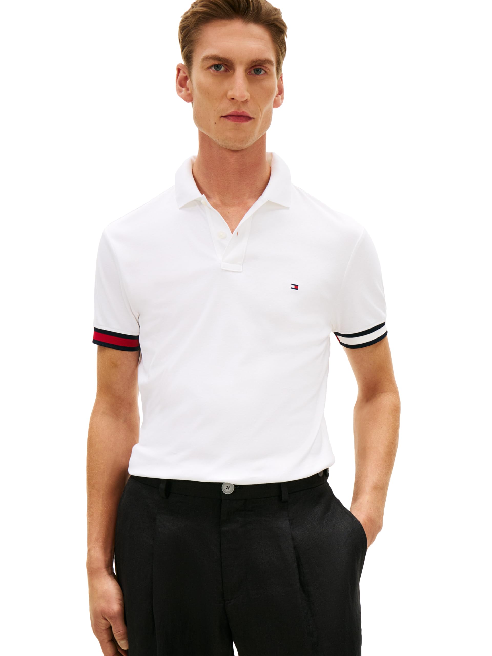 Tommy Hilfiger Men’s RWB Cuff Liquid Cotton Slim Short Sleeve Polo,White Medium