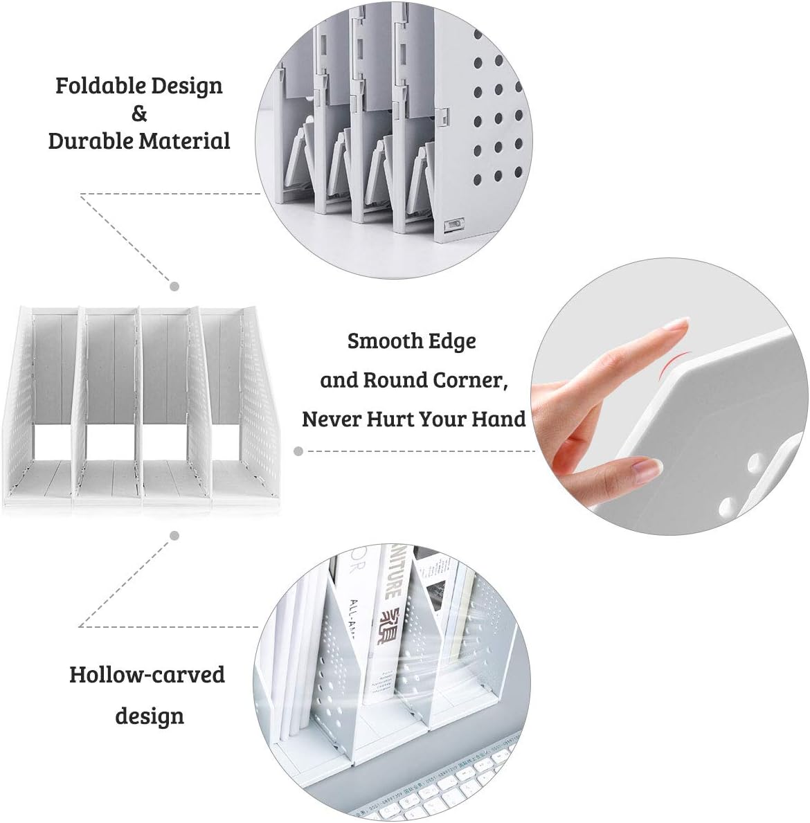 SAYEEC Desktop File Magazine Folder Holder 4 Section Plastic Hollow Documents Foldable Organizer File Cabinet Shelf Frames Dividers Rack Display and Storage (White) : Office Products