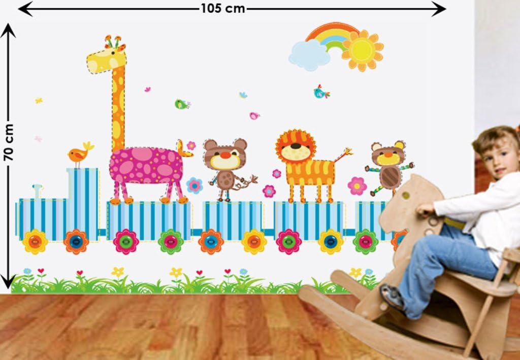 Decals Design 'Cute Animals on Toy Train' Wall Sticker (PVC Vinyl, 60 cm x 90 cm), Multicolour