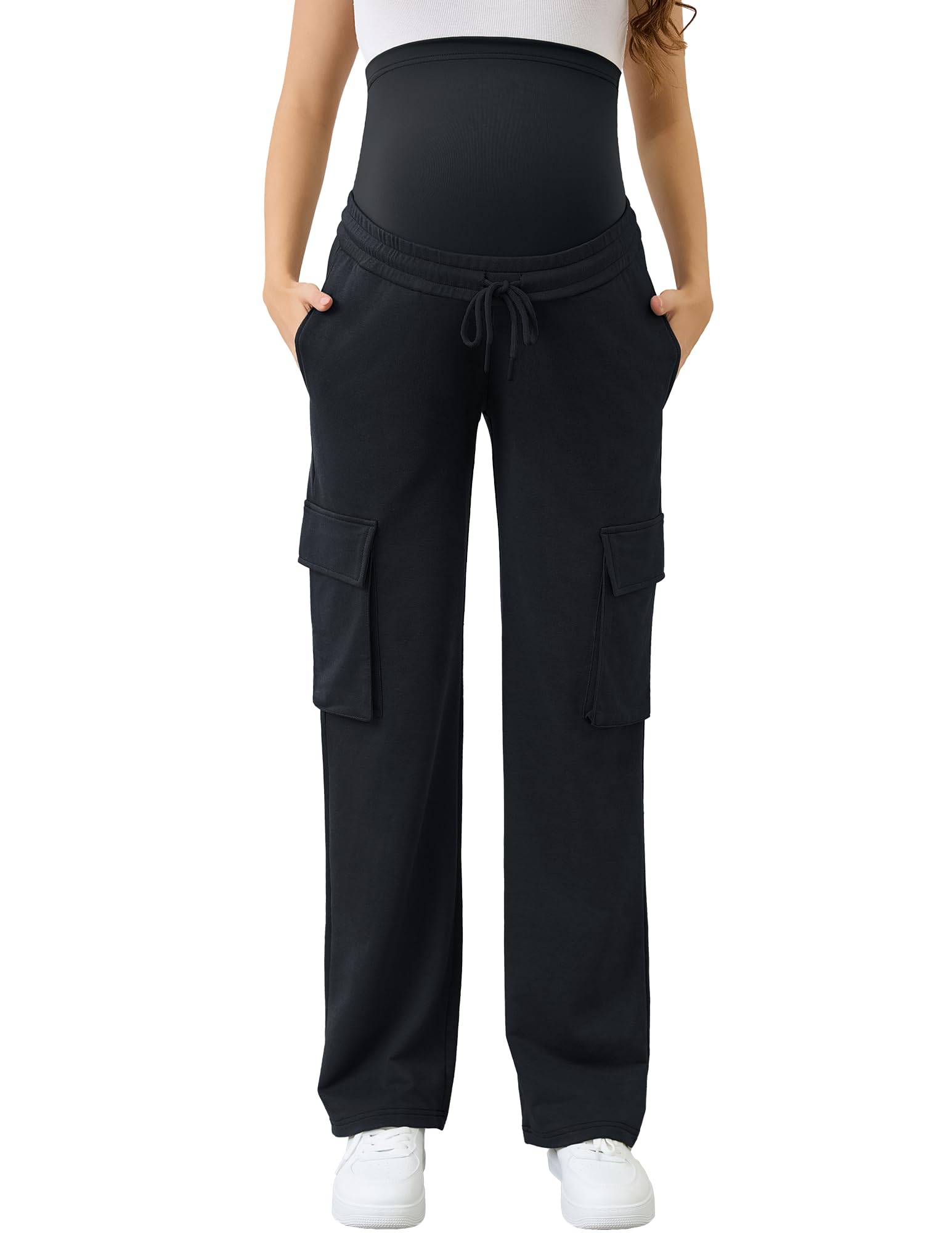 Photo 1 of FABRACK Women's Maternity Cargo Pants Sweatpants Over The Belly Casual Comfy Drawstring Pregnancy Pants with 4 Pockets(Black, Medium)