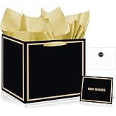 Extra Large Black Gold Gift Bag Square Big Birthday Bag for Men Women with Wrapping Paper Card Sticker Envelope for Wedding Anniversary Retirement Baby Shower Christmas Gifts Party Favors Decorations