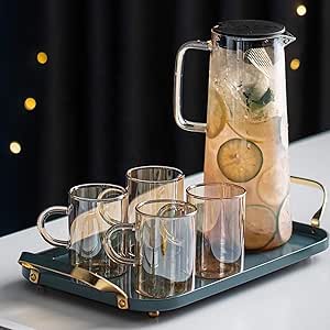 Vintage Amber Brown Glass Water Pitcher Set - Includes Thick Heat Resistant Retro Borosilicate Glass Carafe, Tight Lid &amp; 4 Matching Glassware Drinking Cups (Great Gift for Wedding Mothers Day etc.)