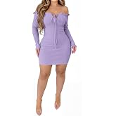 Fastkoala Women's Sexy Off Shoulder Ribbed Bodycon Dress Solid Color Long Sleeve Slim Fit Mini Night Club Party Dresses