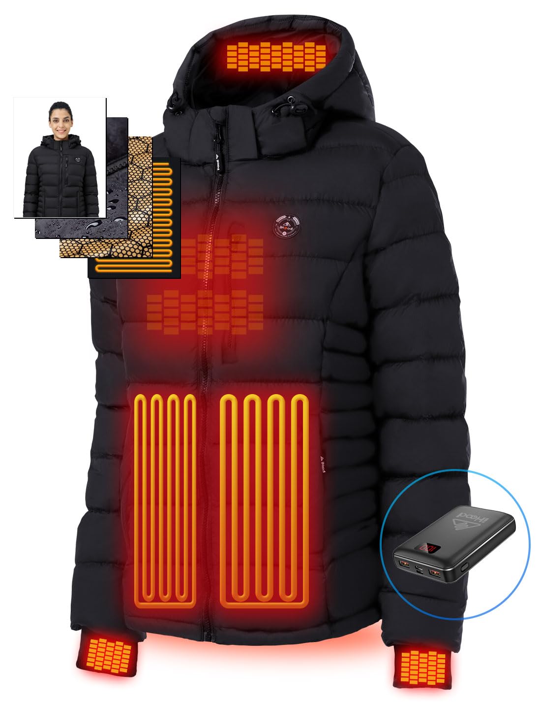 Photo 1 of Women's Heated Puffer Jacket With 12V Battery Pack-Insulated Water-Resistant Hooded Hand-Heating Electric Heated Jacket