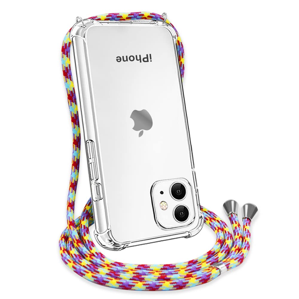 CAROKI Crossbody Case for iPhone 12, for iPhone 12 Pro,Necklace Mobile Phone Cover with Cord Strap,Clear Transparent TPU Soft iPhone 12/12 Pro Cover Holder with Neck Cord Lanyard Strap-Red Rainbow