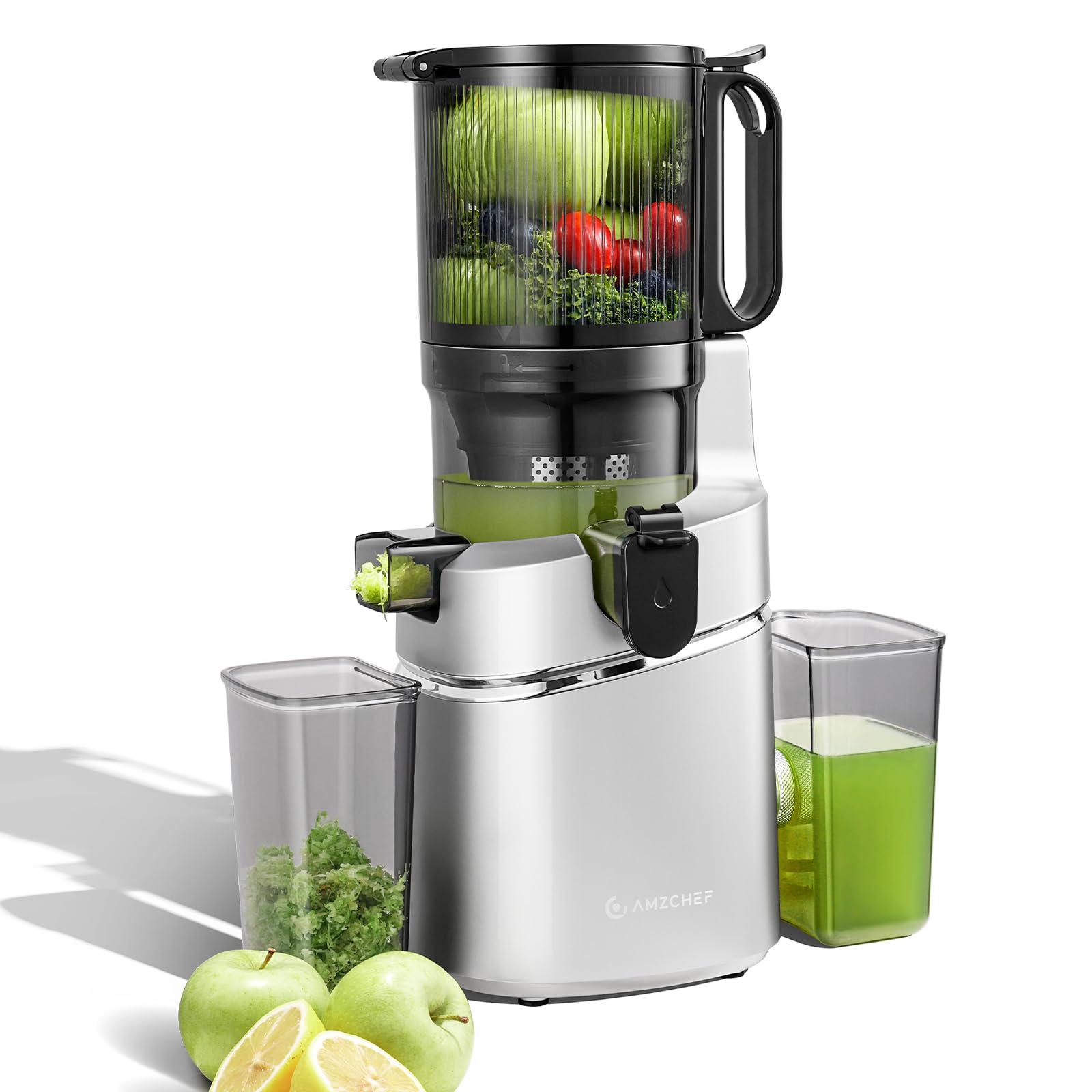 AMZCHEF 250W Automatischer All-In-One Entsafter, 145MM Öffnung und 1,8L entsafter für Gemüse und Obst, Kaltpresse Slow Juicer Testsieger mit Dreifachem Filter - Silber